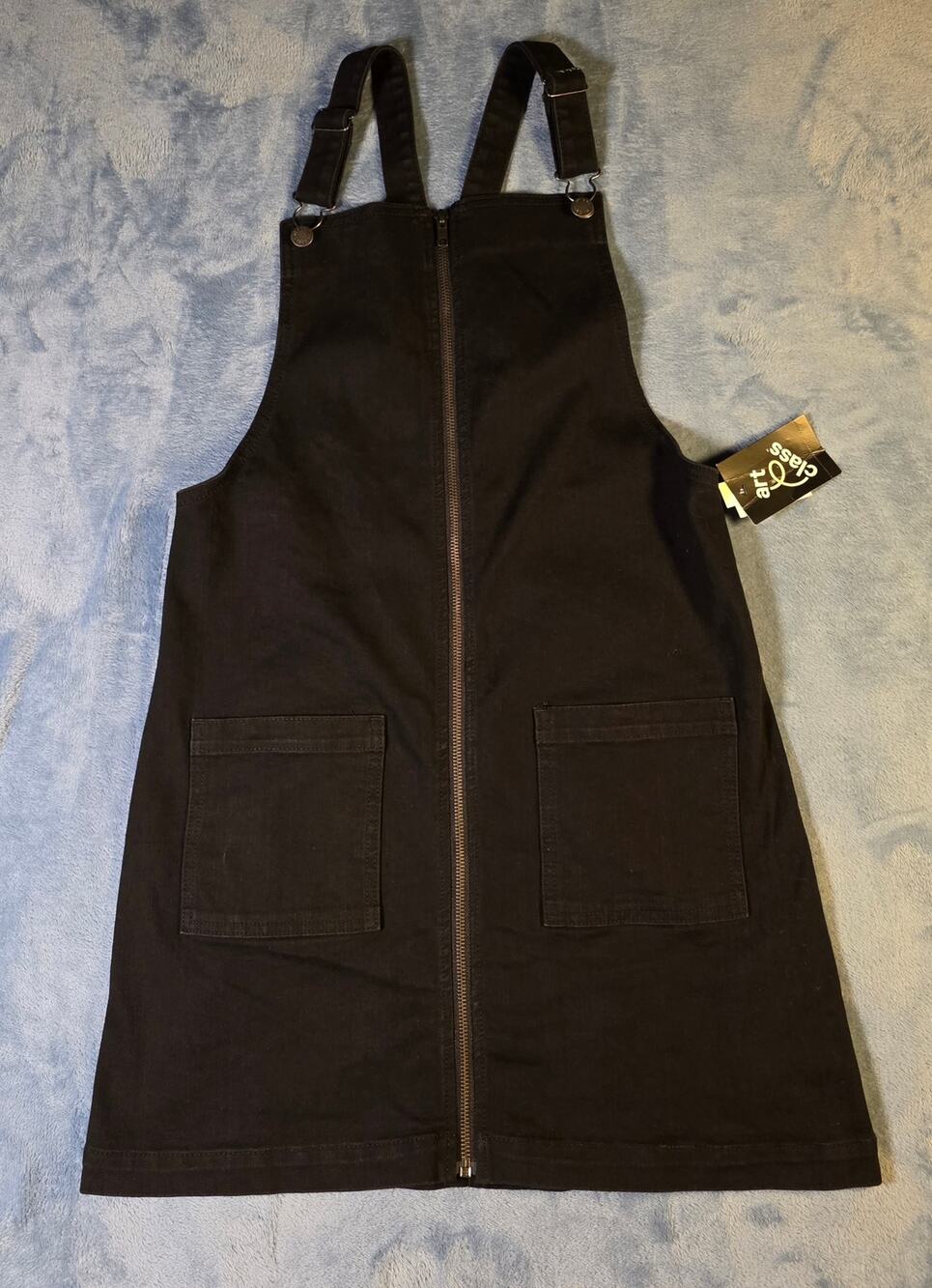 Art Class Girls Size S 6/6X Black Denim Overall Dress Zip Front Jumper